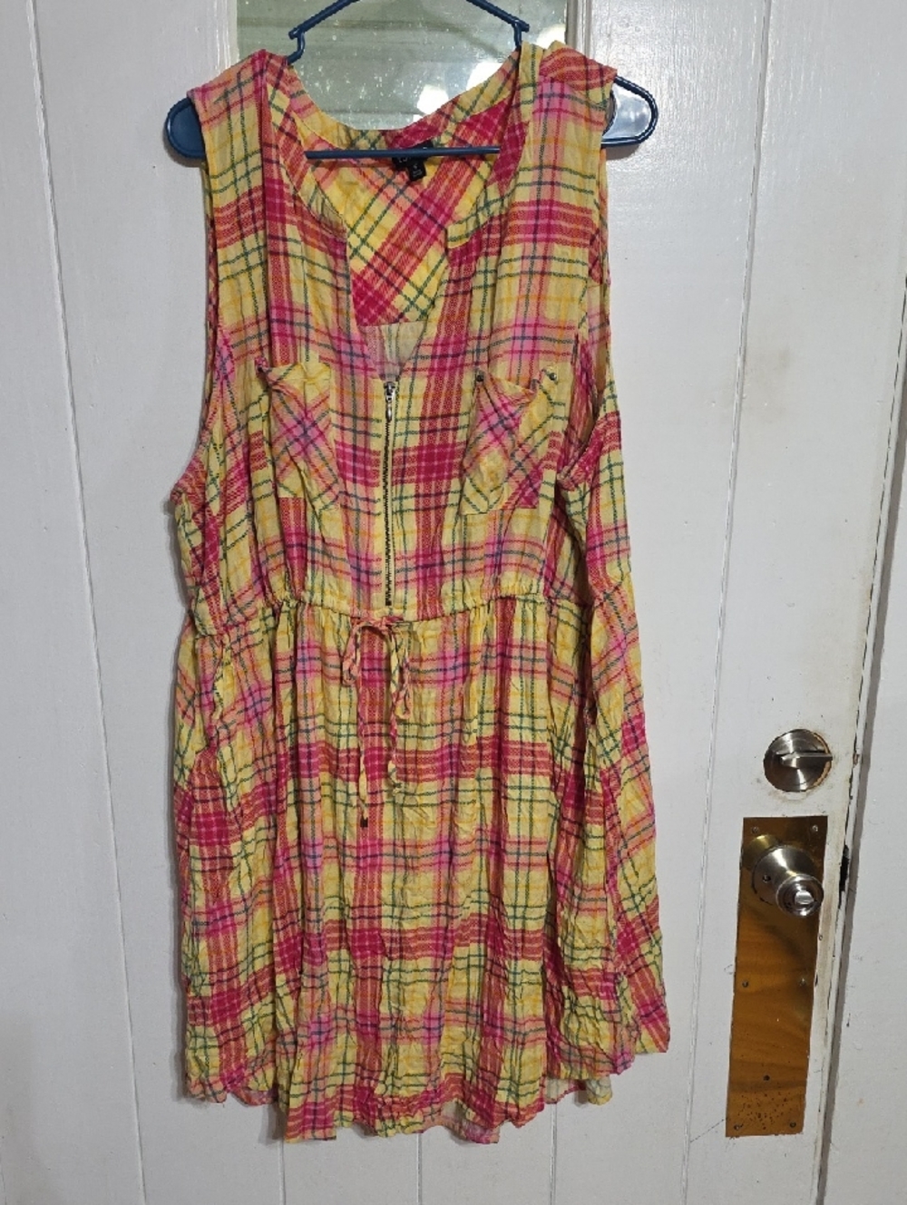 Torrid Women's Plaid Dress Pink/Yellow Zip Front Drawstring Elastic Waist 5X GUC
